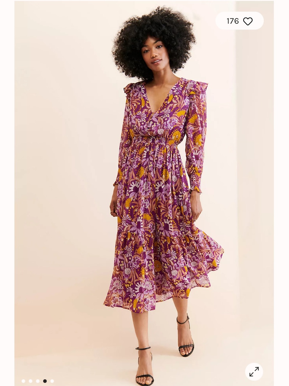 Banjanan Dress Pearl Midi Long Sleeve in Purple Gold Floral